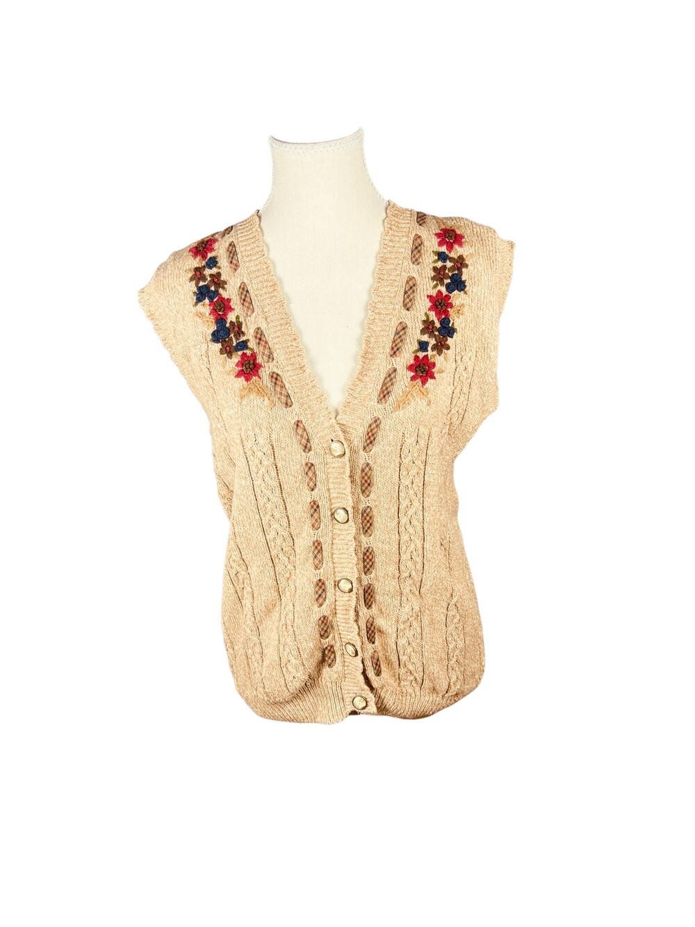 Jantzen Vintage 90s Hand Embroidered Floral Plaid Cable Knit Sweater Vest S - Picture 1 of 5